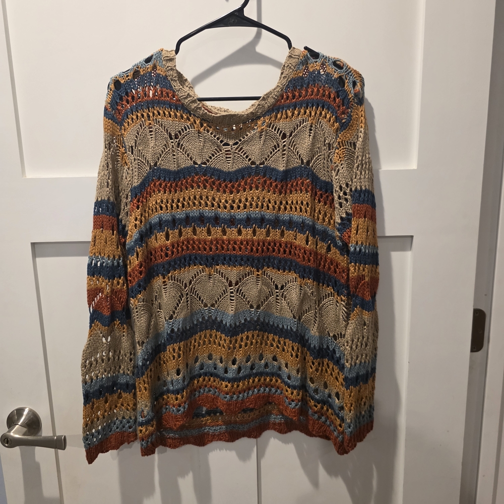 Umgee Teal Rust Stripe Open Crochet Scallop Hem Crewneck Sweater S Boho Indie